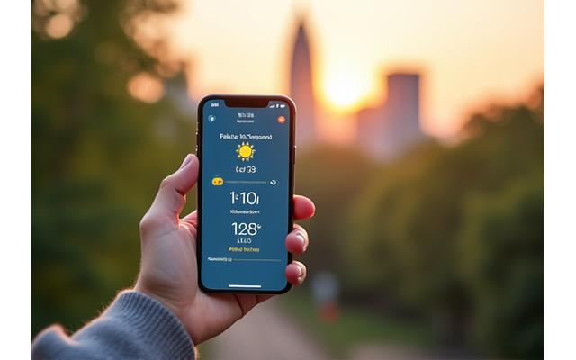 A person looking at a phone showing a pollen count forecast, with blurred Atlanta skyline in the background