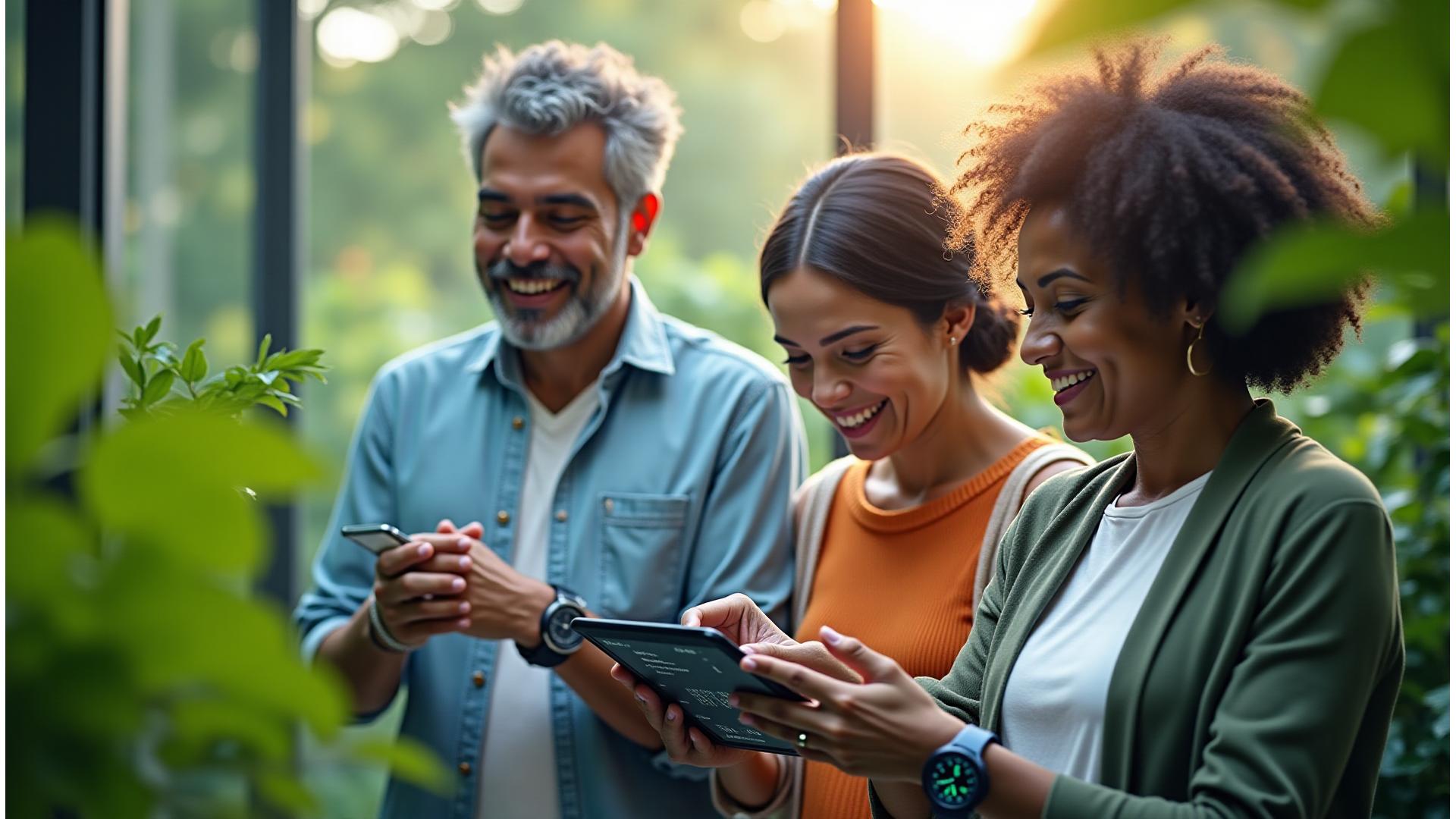Diverse group of Atlanta adults aged 35-65 smiling while reviewing health app on a tablet, surrounded by lush green foliage and dynamic tech overlays