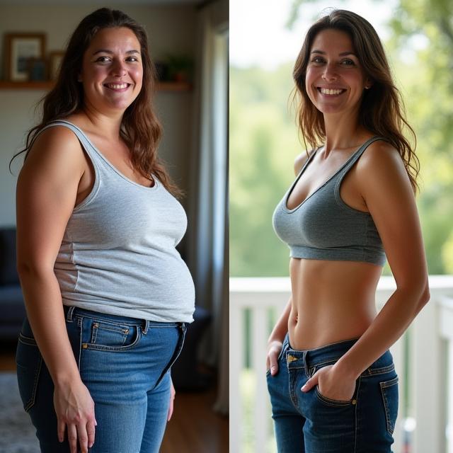 Before and after of Sarah M. showing significant weight loss